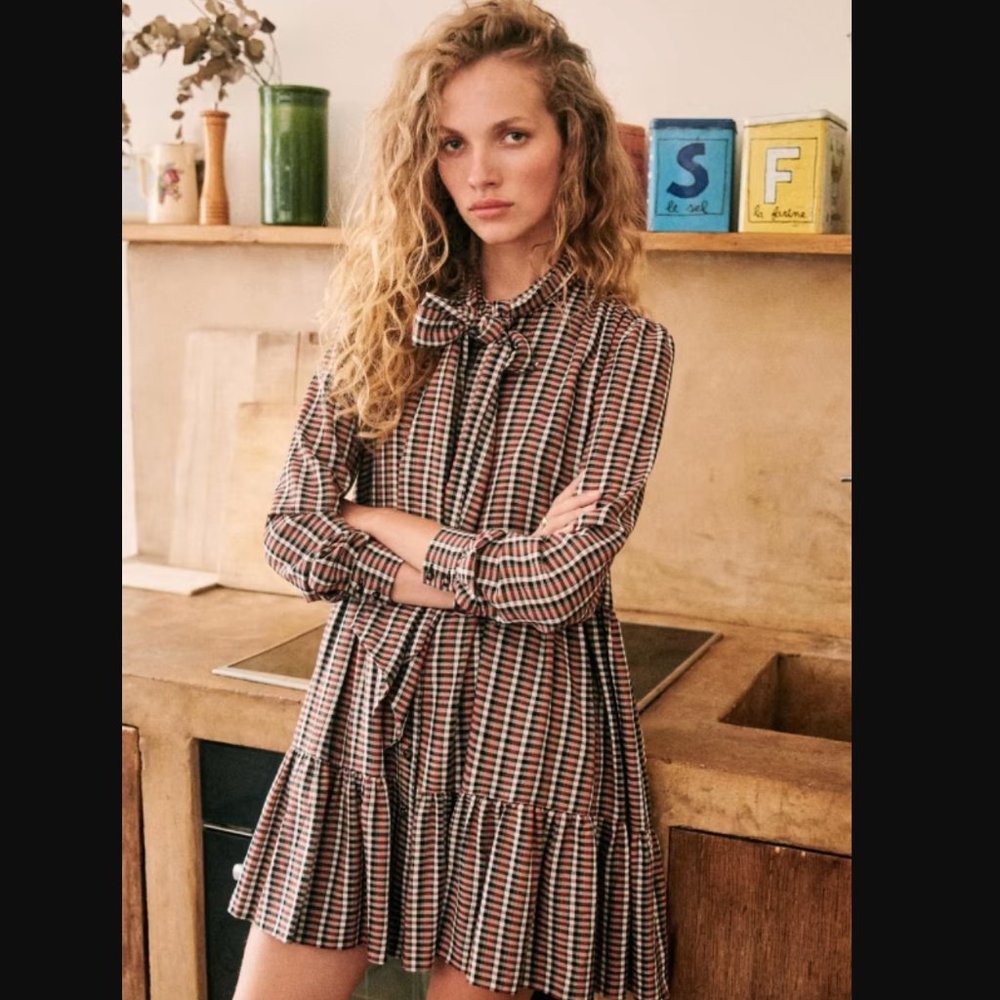 Sezane Selena Dress Bow Neck 3/4 Sleeve Lurex Tile Multicolor Size 38 US 6 S